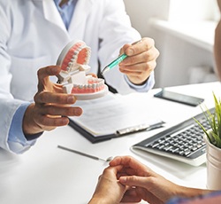 Patient looking at dentist pointing to model of teeth