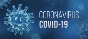 Blue model of virus and text reading “Coronavirus COVID-19”